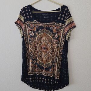 LUCKY BRAND Women's Cap Sleeves Top Blouse  Size L Multi Color Print
